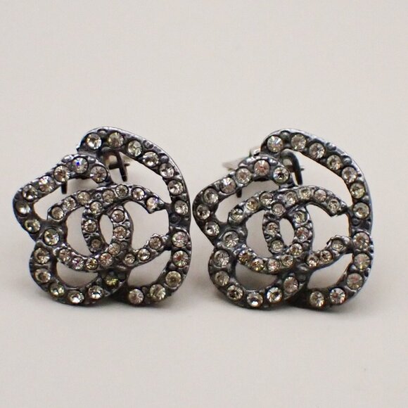 CHANEL Logo Camellia Motif Rhinestone Earrings 00A Silver France - Picture 2 of 16